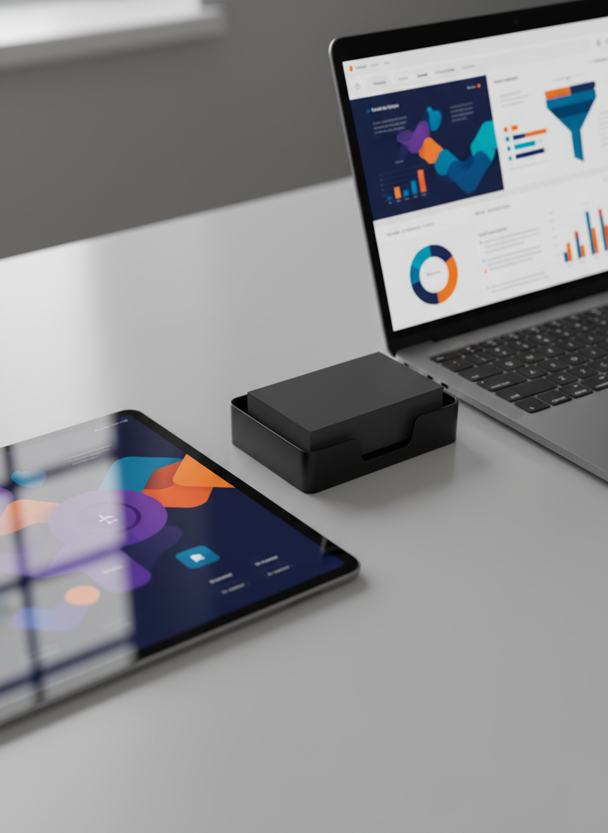 A precise, high-end close-up of a tablet and laptop side by side on a pale grey desk, each screen showing different abstract marketing dashboards, colorful charts, and funnel shapes with no readable text. Between them, a black metal business card holder displays a stack of blank, matte-black cards, symbolizing brand identity. A faint reflection of a window edge is visible on the glossy tablet screen, suggesting natural light from the left, complemented by subtle overhead lighting. The shot is taken from a low, close angle with a shallow depth of field, emphasizing technology and detail. The mood is analytical and premium, ideal for highlighting digital marketing and analytics services.