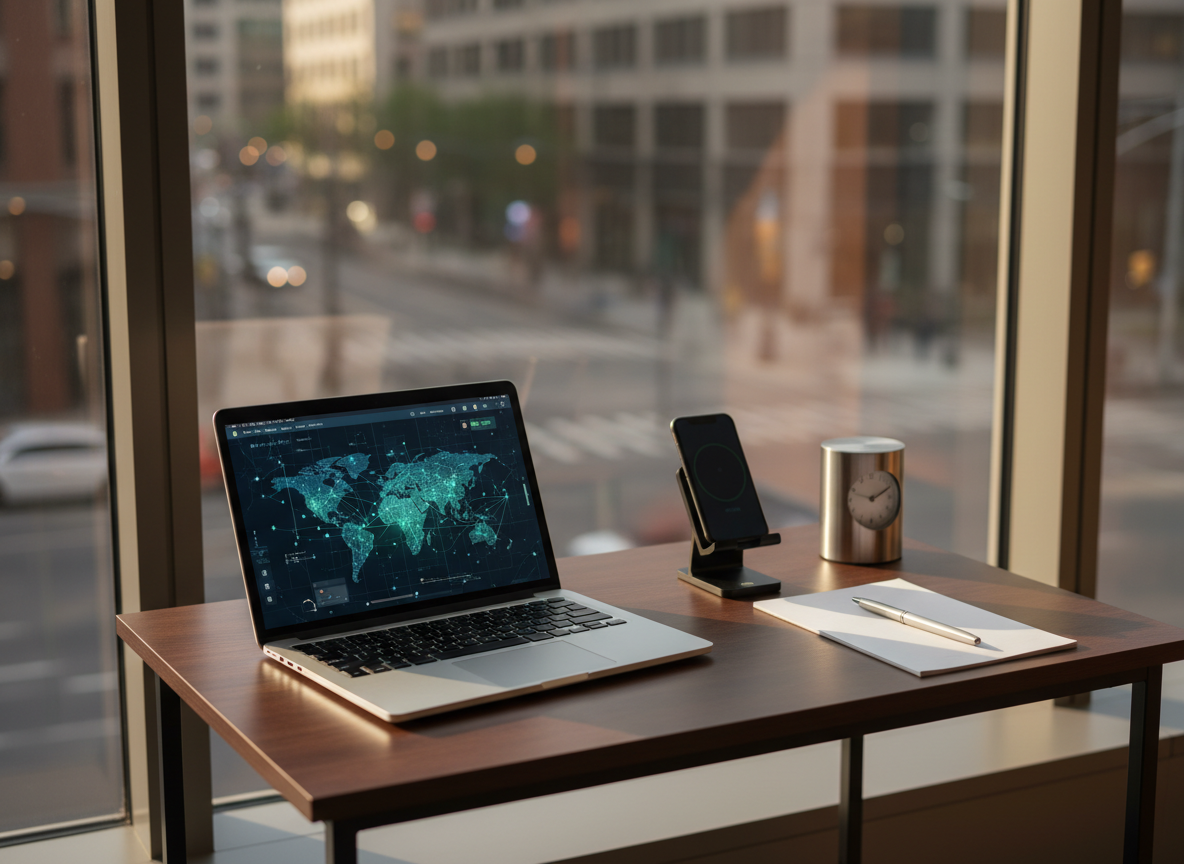 A clean and inviting contact and location scene inside a marketing agency: a small dark desk near a large window holds an open laptop with an abstract map interface, a sleek black phone dock, and a minimalist metal desk clock. Beside them lies a crisp, blank notepad and a single silver pen, suggesting inquiries and appointments. Outside the window, an out-of-focus city street with building outlines hints at accessibility and central location. Late-afternoon natural light pours in, creating warm highlights and soft shadows. Shot from a slightly elevated angle with moderate depth of field, the mood is approachable and trustworthy, ideal for a contact page visual in realistic, modern photography.